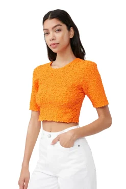 Discount GANNI Orange Cotton Poplin Cropped Smock Top Vibrant Orange
