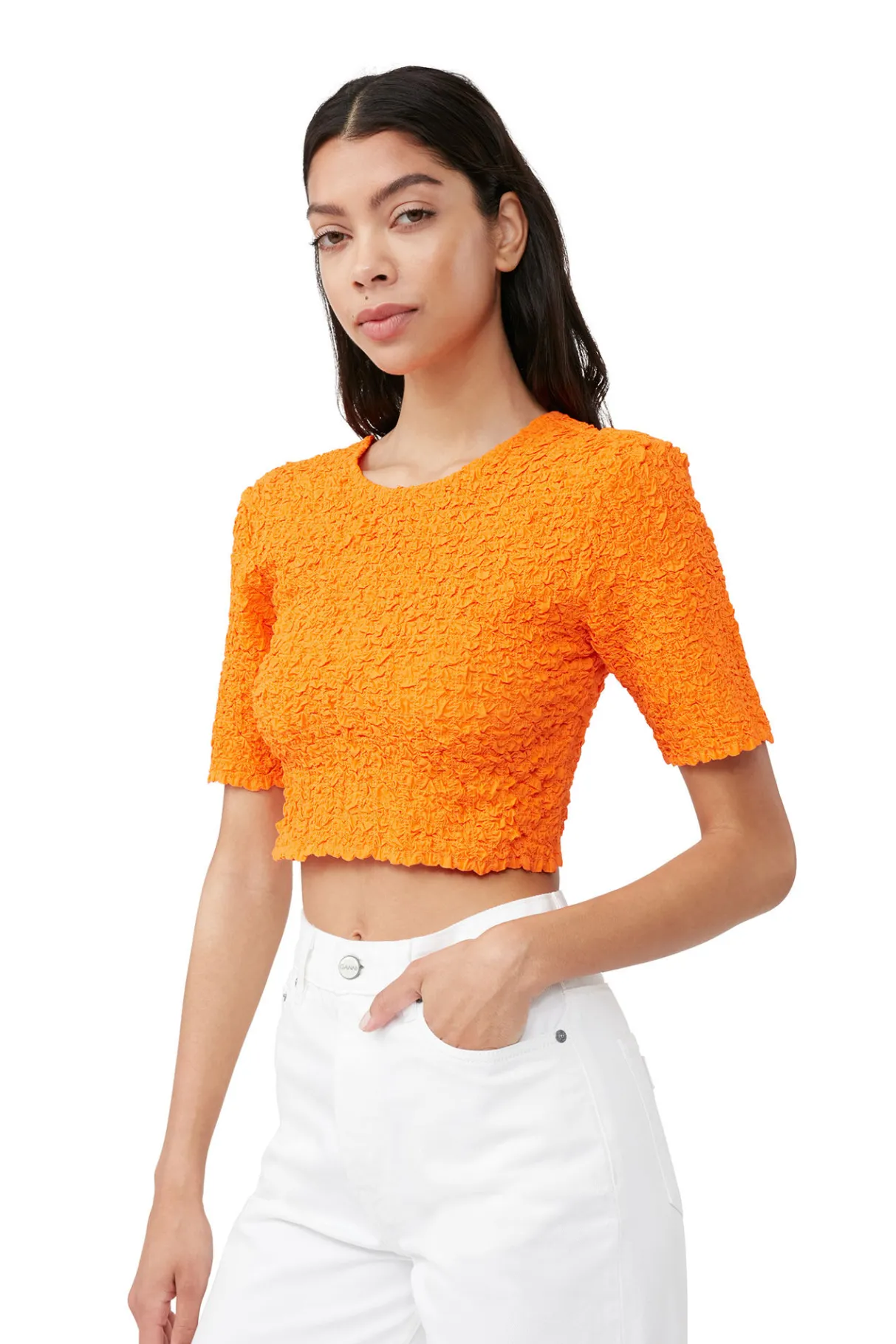 Discount GANNI Orange Cotton Poplin Cropped Smock Top Vibrant Orange