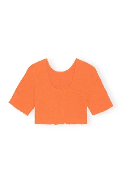 Discount GANNI Orange Cotton Poplin Cropped Smock Top Vibrant Orange