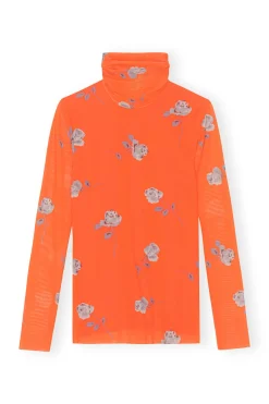 Discount GANNI Orange Printed Mesh Long Sleeve Roll Neck Orangeade