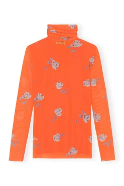 Discount GANNI Orange Printed Mesh Long Sleeve Roll Neck Orangeade
