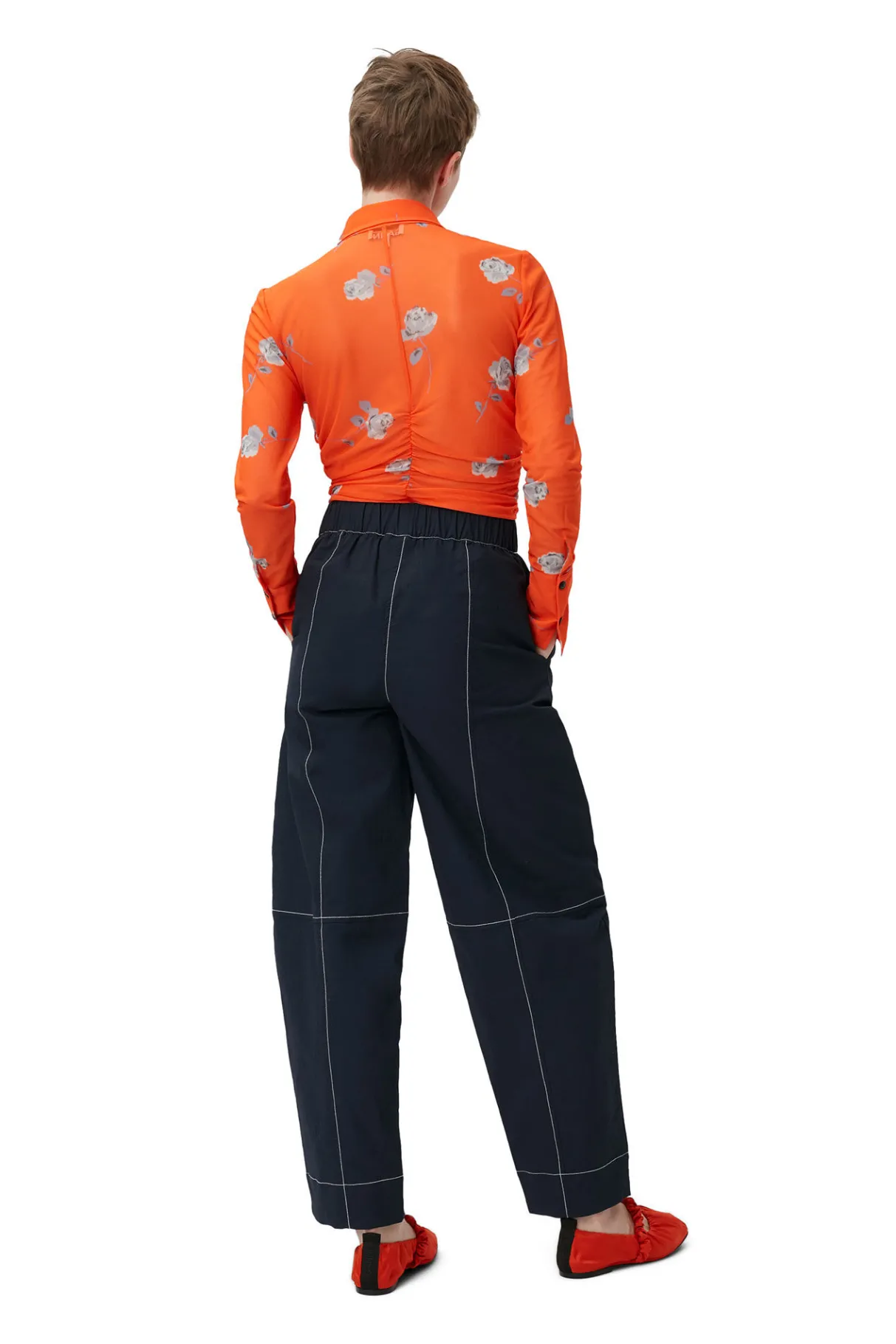 Discount GANNI Orange Printed Mesh Ruched Shirt Orangeade