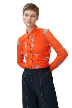 Discount GANNI Orange Printed Mesh Ruched Shirt Orangeade