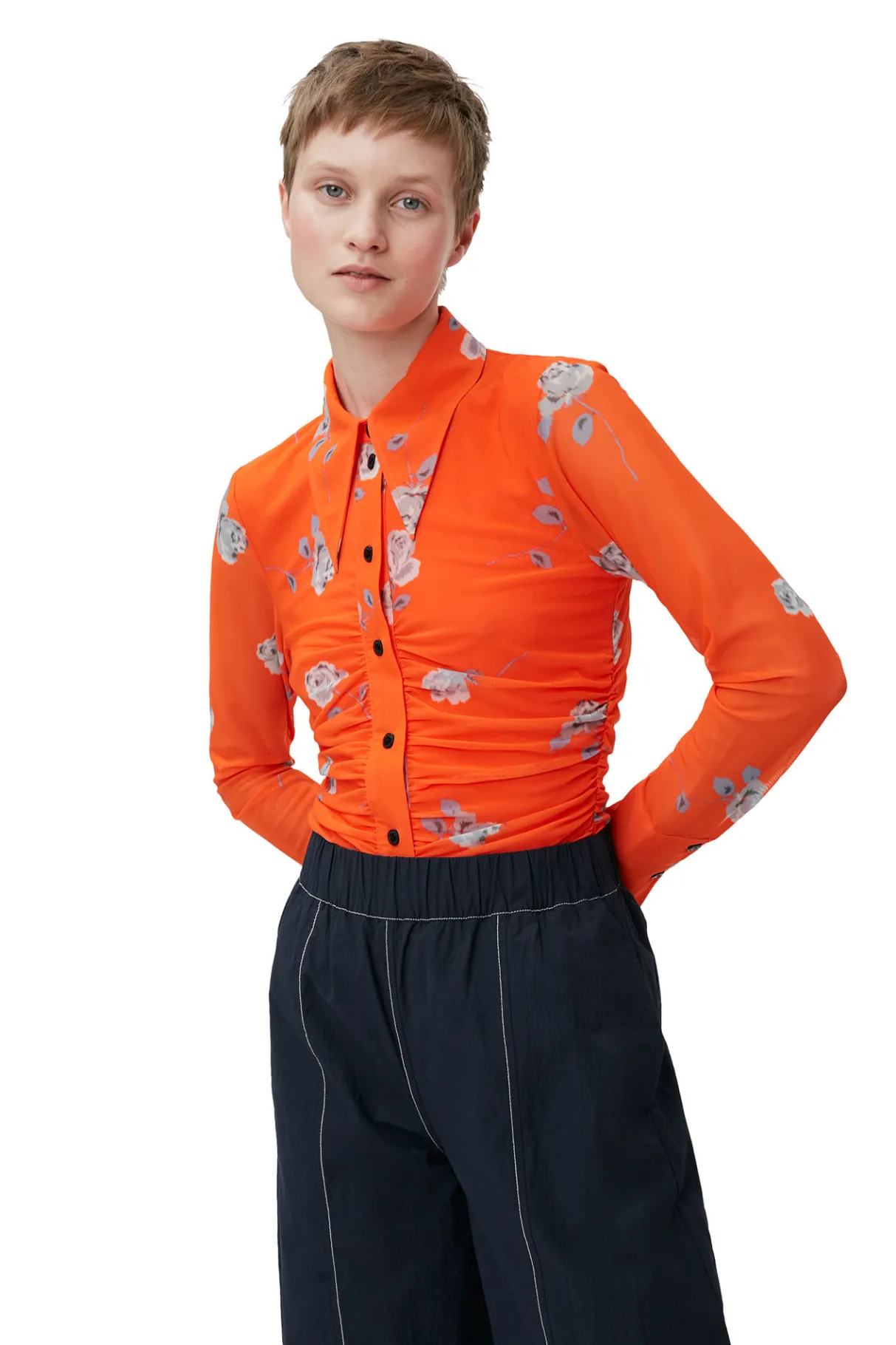 Discount GANNI Orange Printed Mesh Ruched Shirt Orangeade