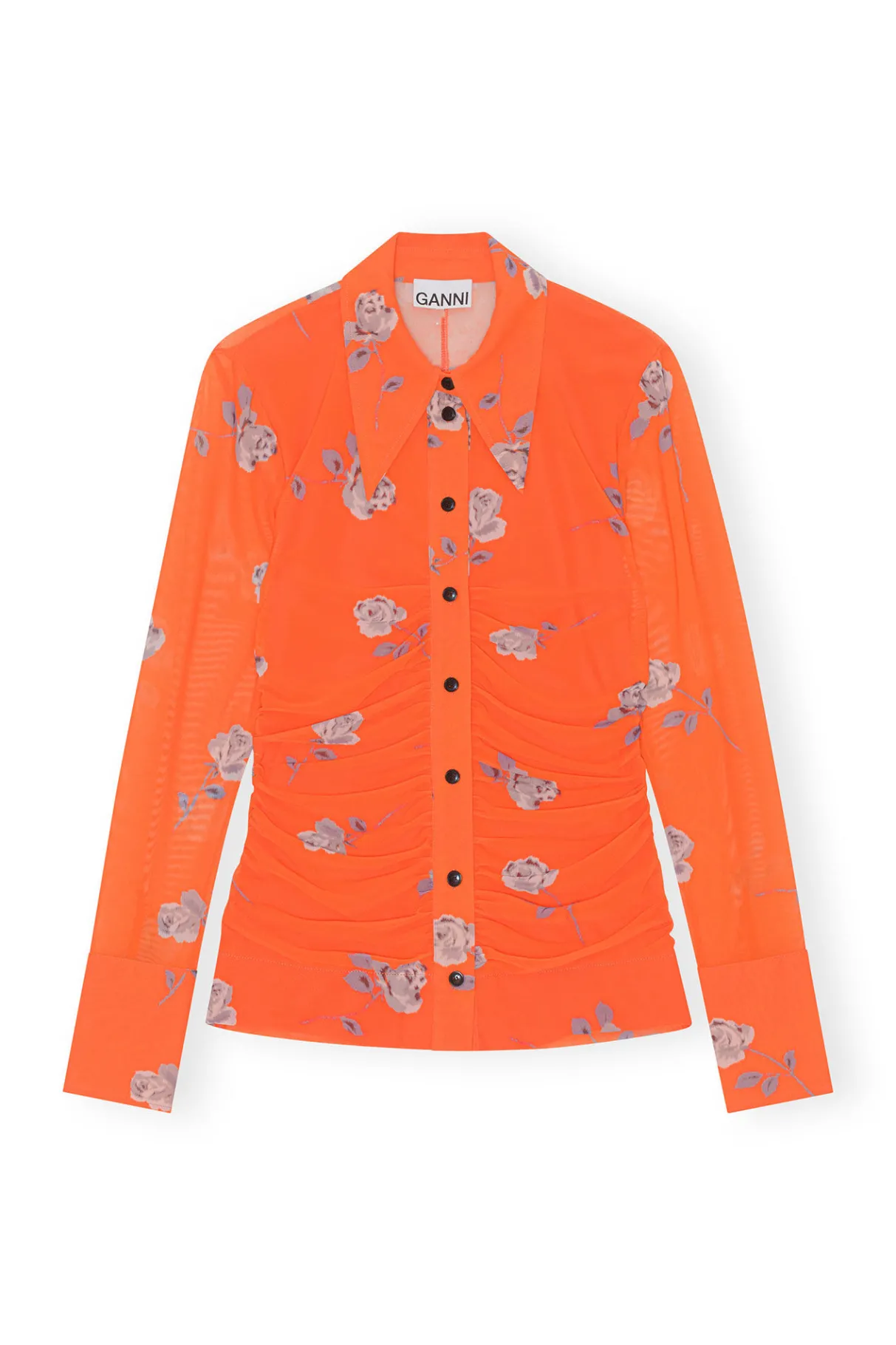 Discount GANNI Orange Printed Mesh Ruched Shirt Orangeade