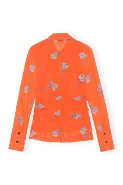 Discount GANNI Orange Printed Mesh Ruched Shirt Orangeade