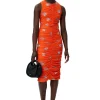 Cheap GANNI Orange Printed Ruched Mesh Midi Dress Orangeade
