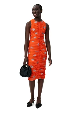 Cheap GANNI Orange Printed Ruched Mesh Midi Dress Orangeade