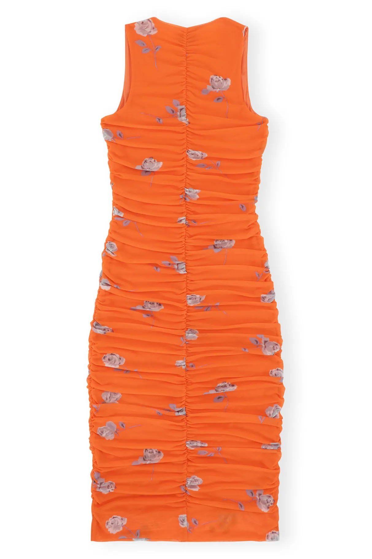 Cheap GANNI Orange Printed Ruched Mesh Midi Dress Orangeade