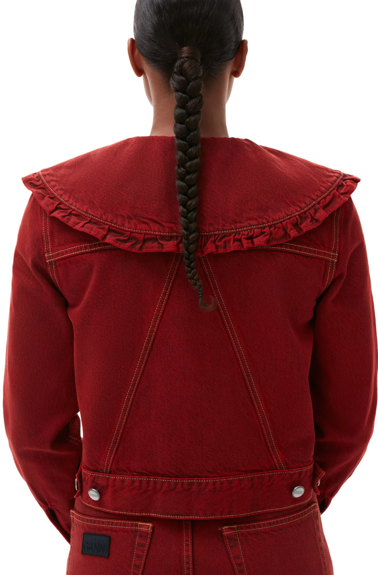 Clearance GANNI Overdyed Denim Frill Collar Jacket Racing Red