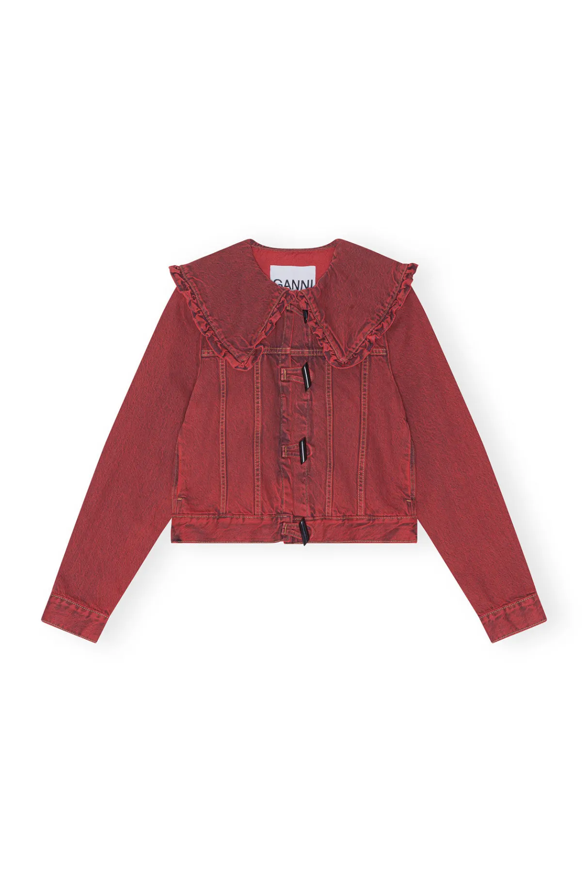 Clearance GANNI Overdyed Denim Frill Collar Jacket Racing Red
