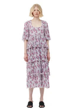 Online GANNI Pleated Georgette Flounce Smock Midi Dress Mauve Chalk
