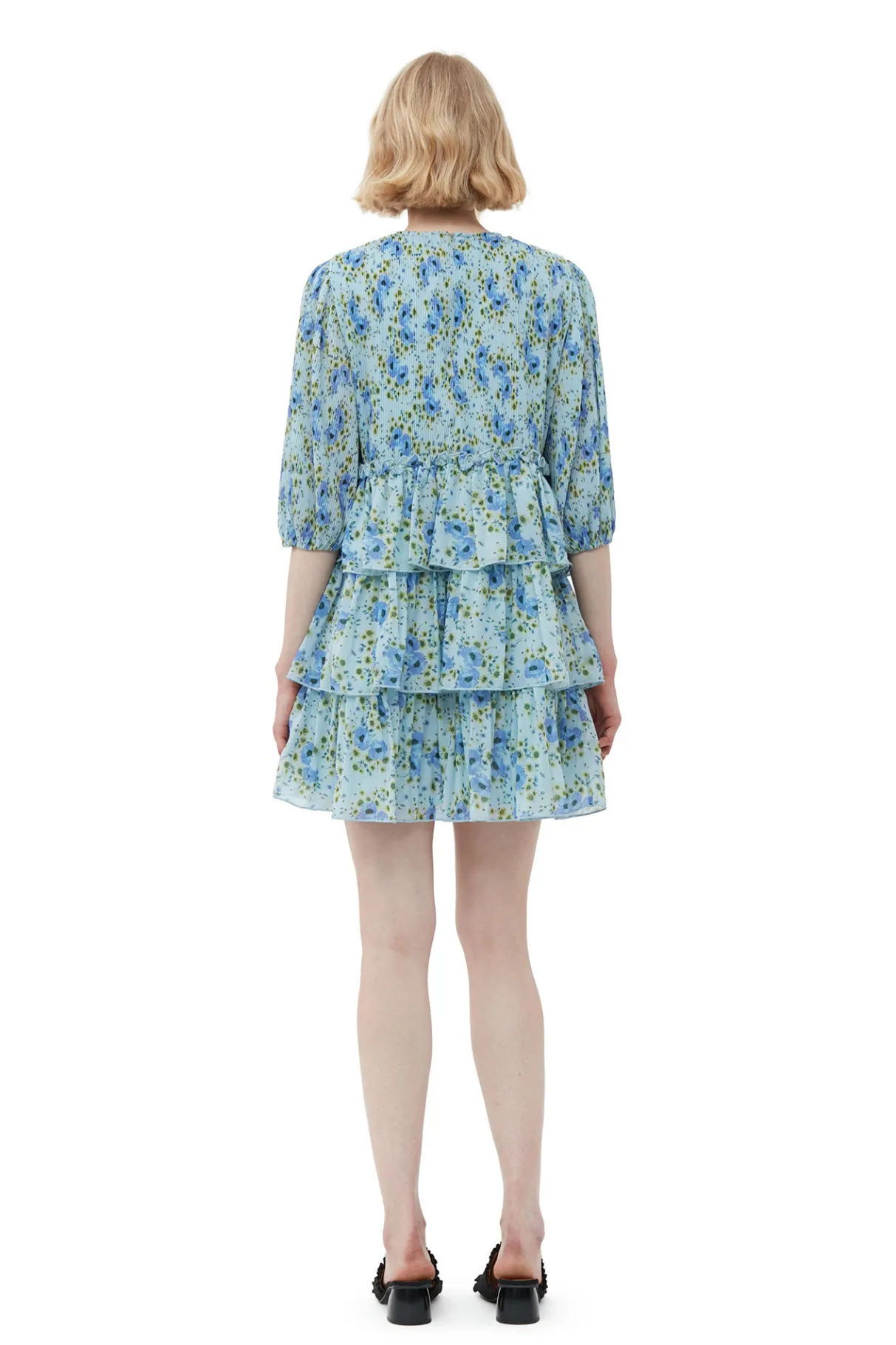 Clearance GANNI Pleated Georgette Mini Dress Ice Water