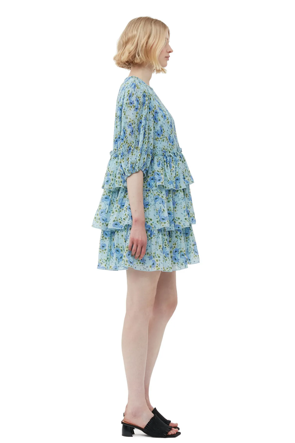 Clearance GANNI Pleated Georgette Mini Dress Ice Water