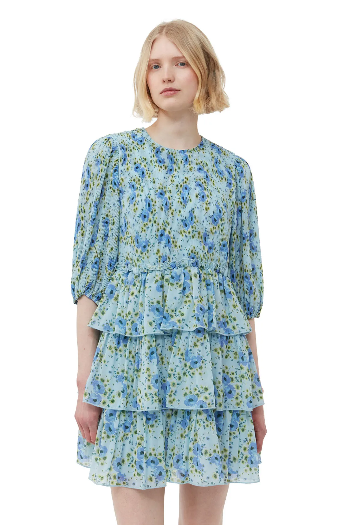 Clearance GANNI Pleated Georgette Mini Dress Ice Water