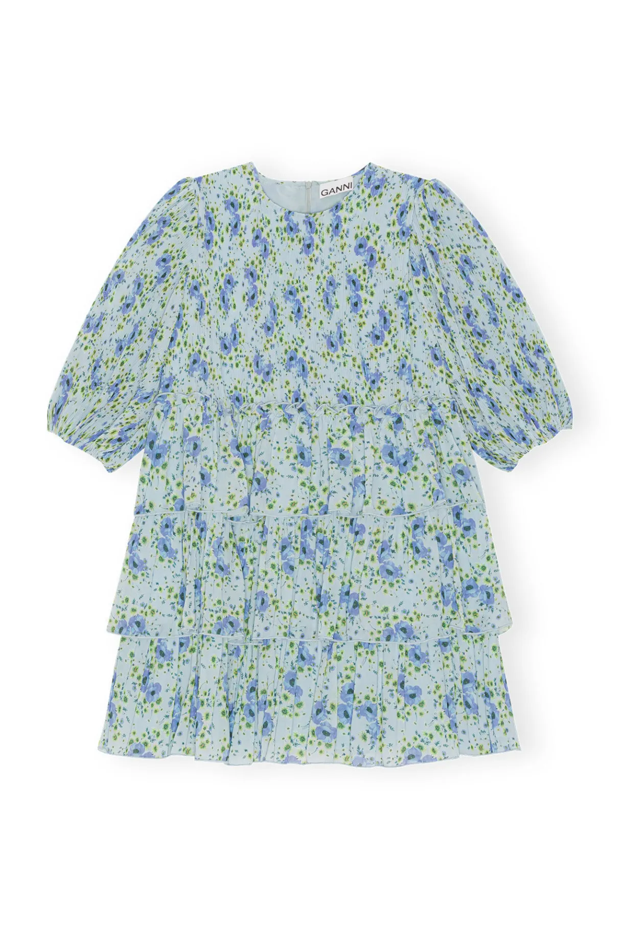 Clearance GANNI Pleated Georgette Mini Dress Ice Water