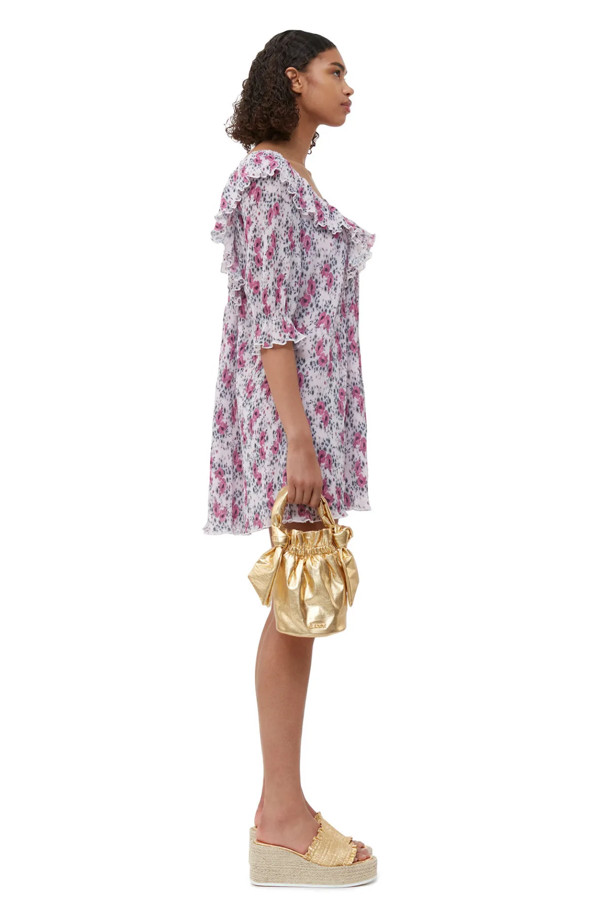 Best GANNI Pleated Georgette Ruffle Mini Dress Mauve Chalk