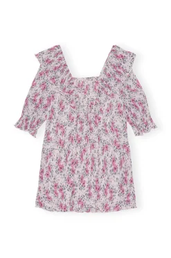Best GANNI Pleated Georgette Ruffle Mini Dress Mauve Chalk