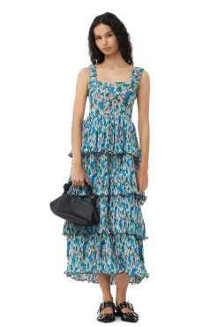 Hot GANNI Pleated Georgette Smock Midi Dress Floral Azure Blue