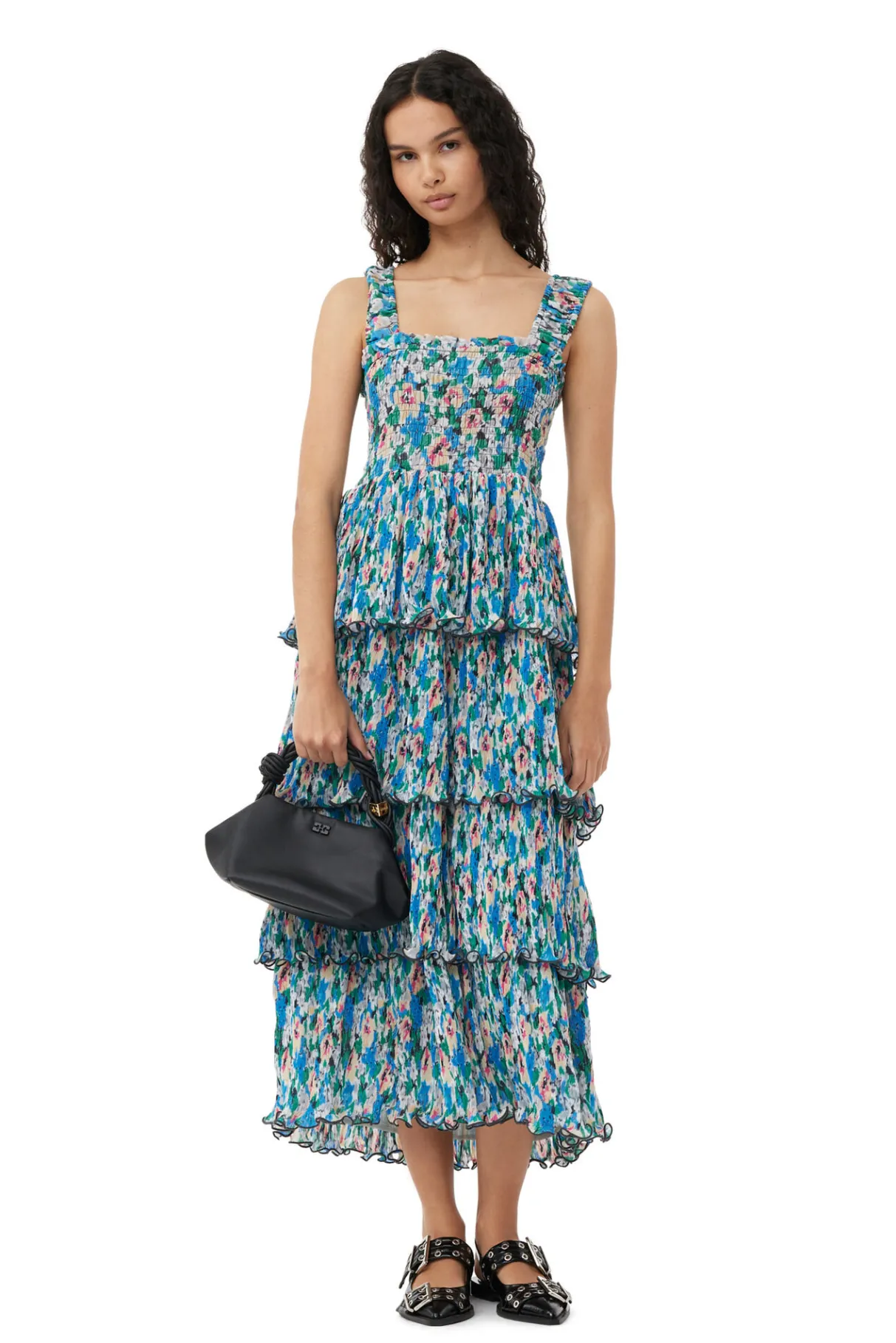 Hot GANNI Pleated Georgette Smock Midi Dress Floral Azure Blue