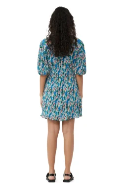 Shop GANNI Pleated Georgette V-Neck Mini Dress Floral Azure Blue