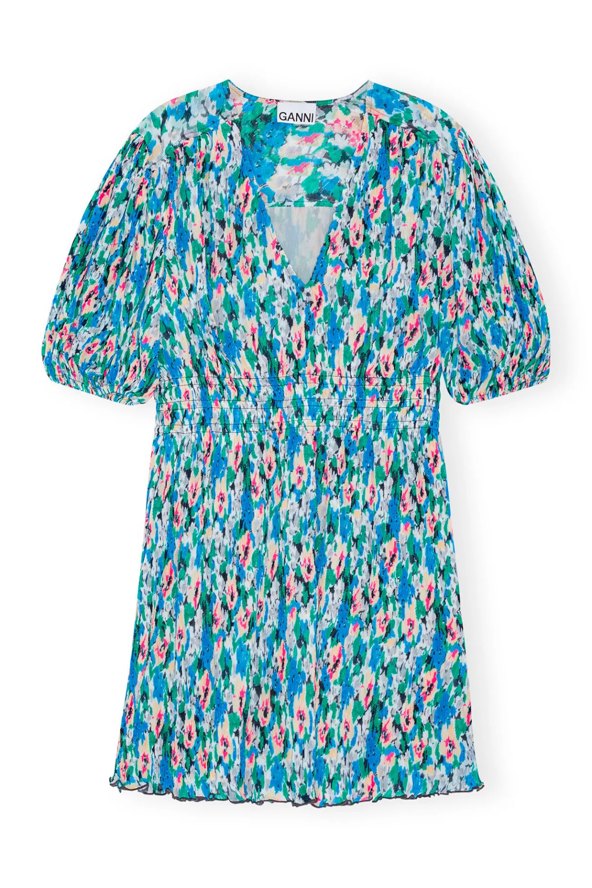 Shop GANNI Pleated Georgette V-Neck Mini Dress Floral Azure Blue