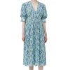 Best Sale GANNI Pleated Georgette V-Neck Smock Midi Dress Ice Water