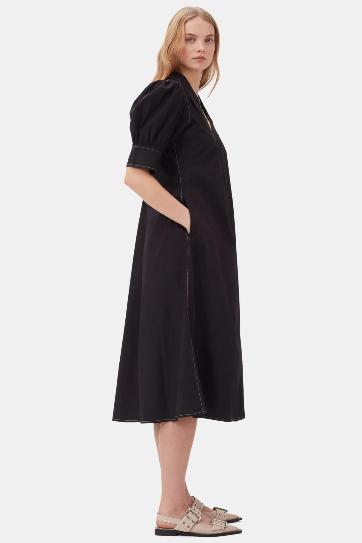Hot GANNI Poplin Midi Dress Black