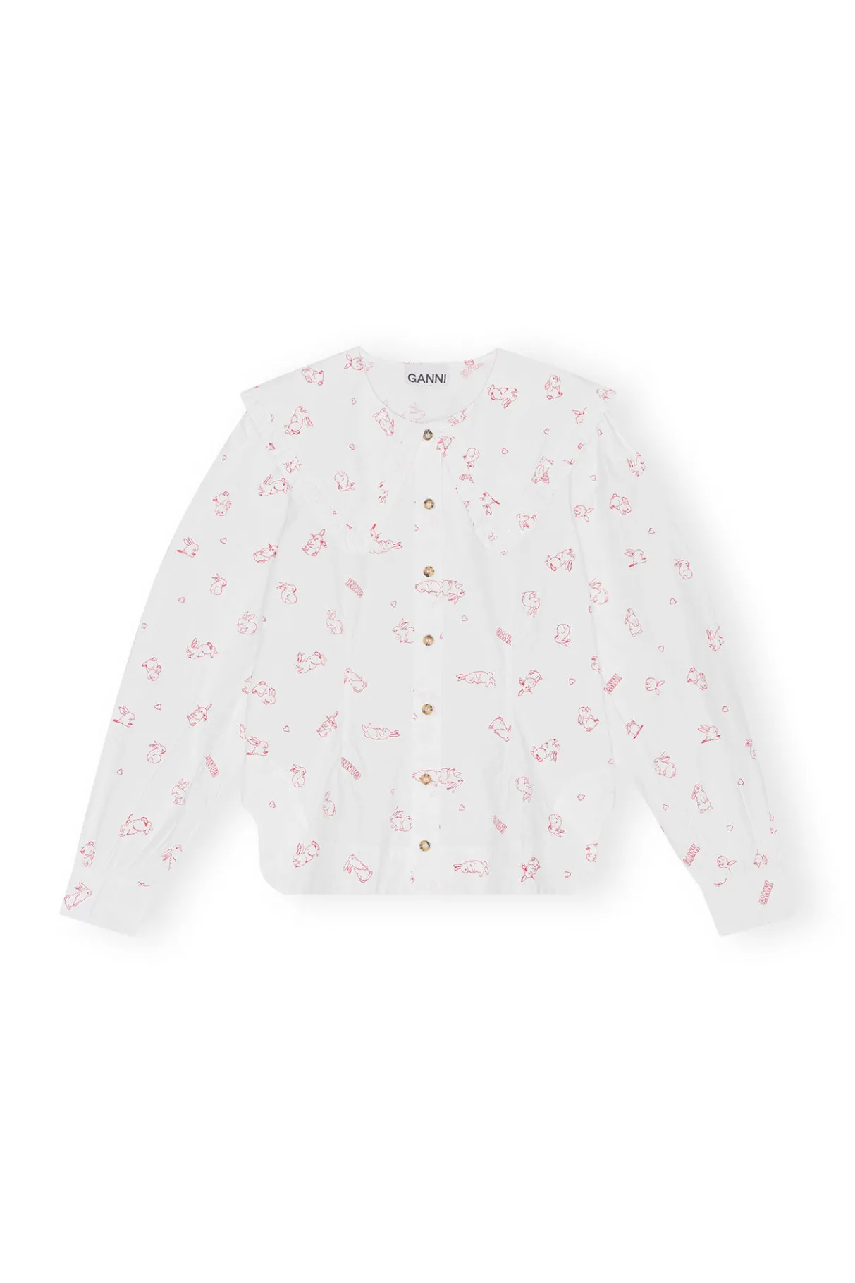 Outlet GANNI Printed Cotton Frill Collar Shirt Seedpearl