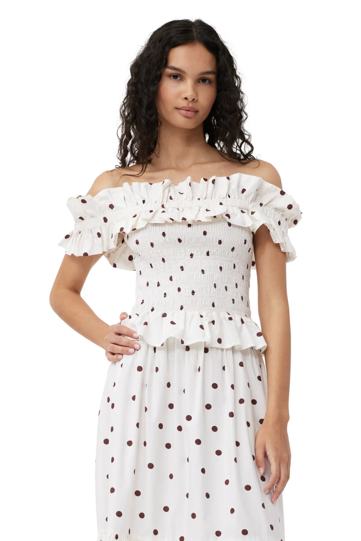 Best Sale GANNI Printed Cotton Off-Shoulder Smock Top Egret