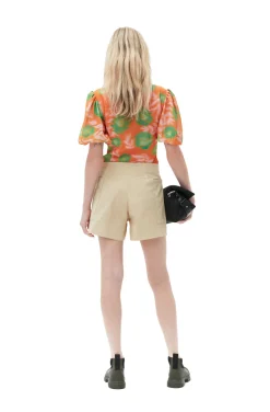 Best Sale GANNI Printed Crepe Button Down Blouse Vibrant Orange