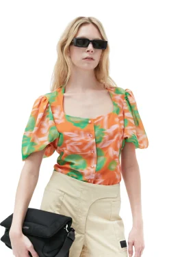 Best Sale GANNI Printed Crepe Button Down Blouse Vibrant Orange