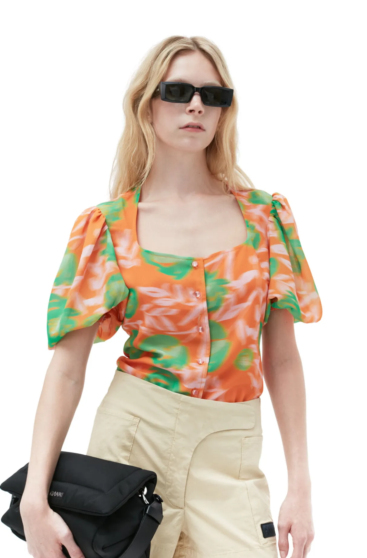 Best Sale GANNI Printed Crepe Button Down Blouse Vibrant Orange