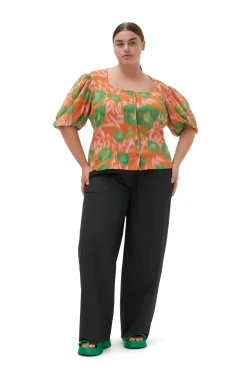 Best Sale GANNI Printed Crepe Button Down Blouse Vibrant Orange