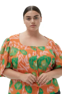 Best Sale GANNI Printed Crepe Button Down Blouse Vibrant Orange