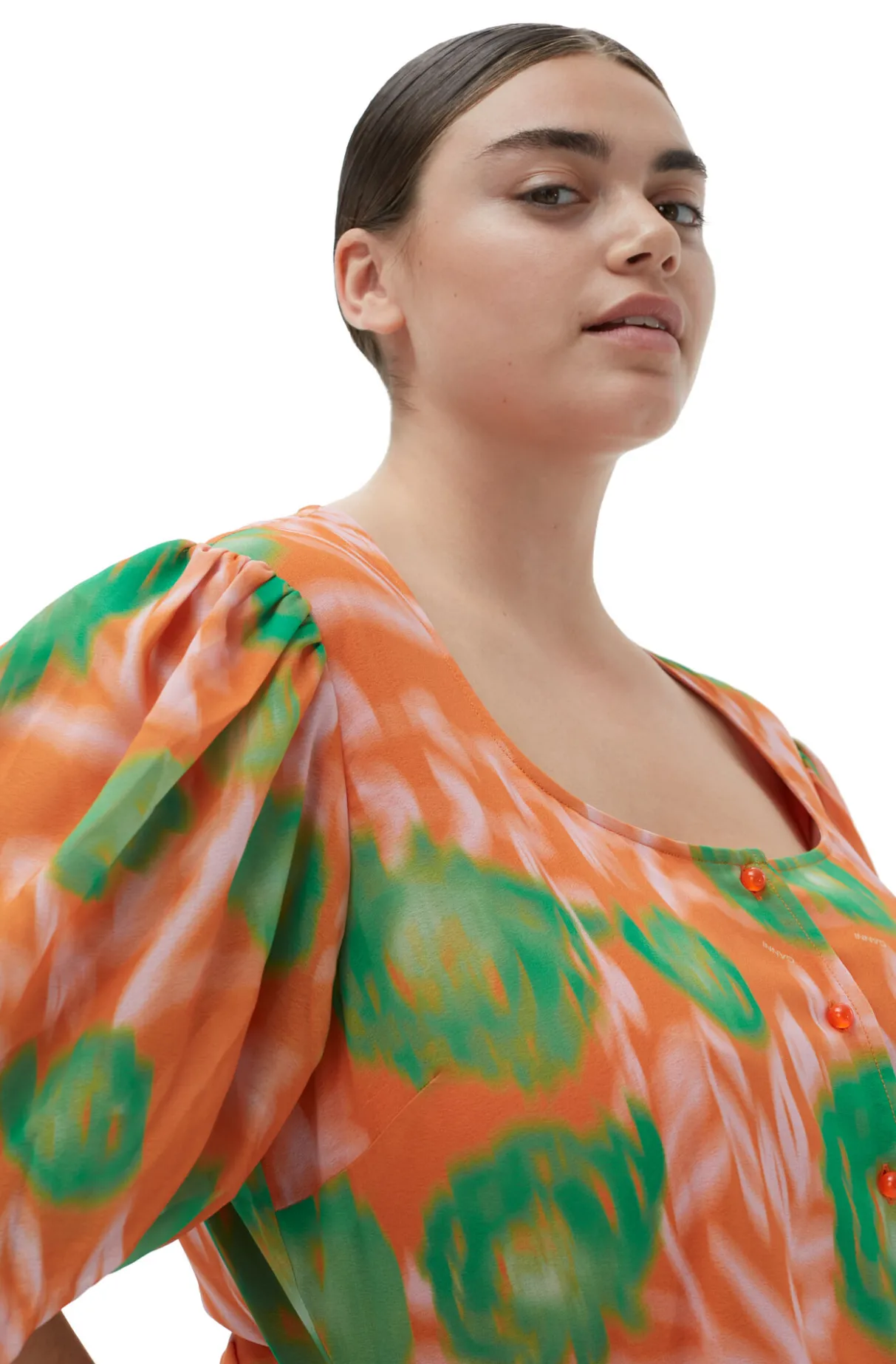 Best Sale GANNI Printed Crepe Button Down Blouse Vibrant Orange