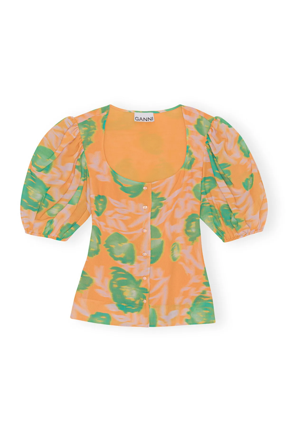 Best Sale GANNI Printed Crepe Button Down Blouse Vibrant Orange