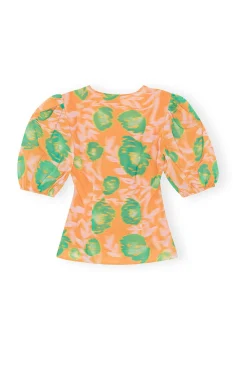 Best Sale GANNI Printed Crepe Button Down Blouse Vibrant Orange