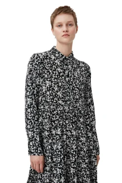 Best Sale GANNI Printed Crepe Layer Dress Black