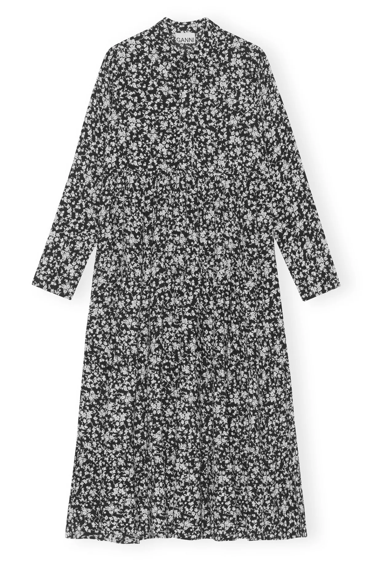 Best Sale GANNI Printed Crepe Layer Dress Black