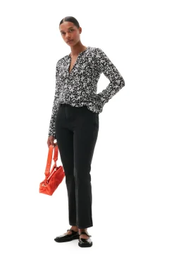 Discount GANNI Printed Crepe O-Neck Blouse Black