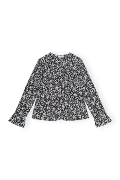 Discount GANNI Printed Crepe O-Neck Blouse Black