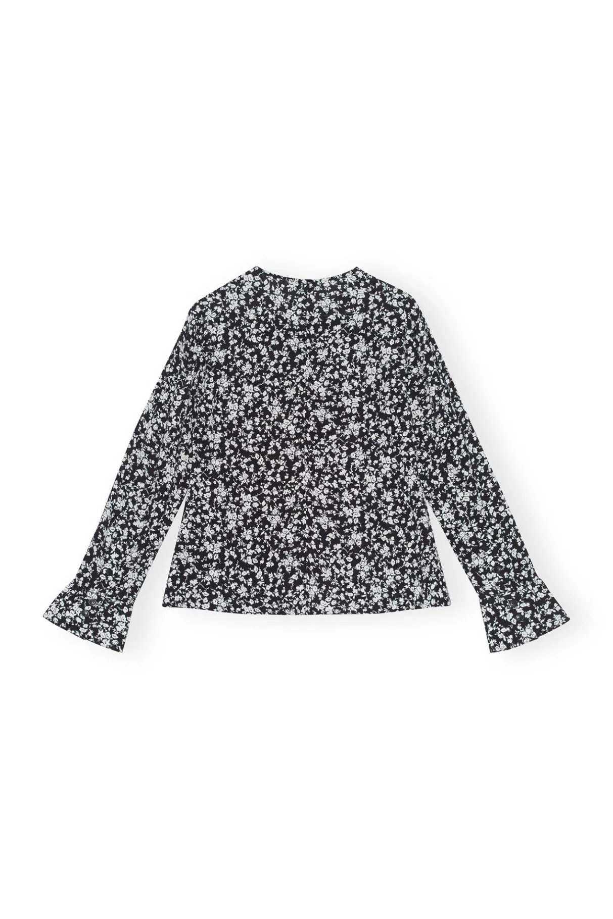 Discount GANNI Printed Crepe O-Neck Blouse Black
