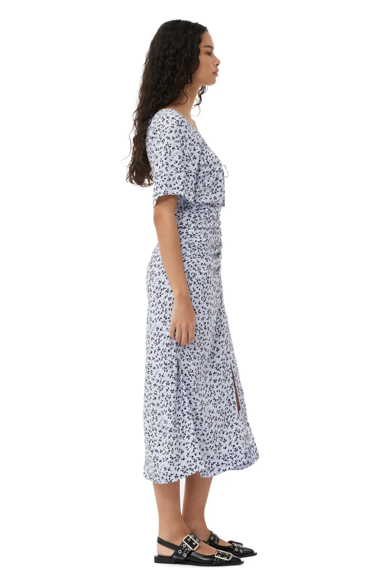 Hot GANNI Printed Crepe U-Neck Midi Dress Heather