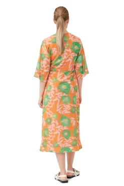 Online GANNI Printed Crepe V-Neck Dress Vibrant Orange