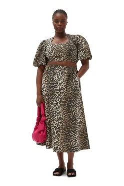 Clearance GANNI Printed Cropped Zipper Blouse Big Leopard Almond Milk