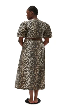Clearance GANNI Printed Cropped Zipper Blouse Big Leopard Almond Milk