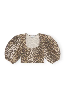 Clearance GANNI Printed Cropped Zipper Blouse Big Leopard Almond Milk