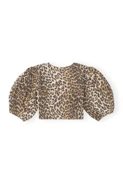 Clearance GANNI Printed Cropped Zipper Blouse Big Leopard Almond Milk