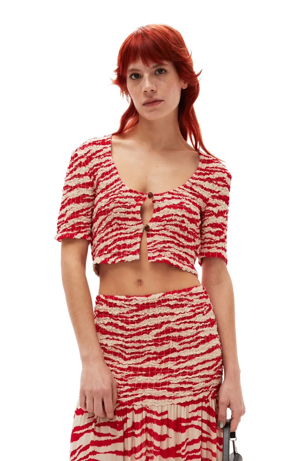 Discount GANNI Printed Georgette Cropped Smock Blouse Castle Wall